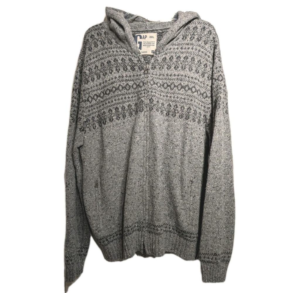 Vtg Gap Sweater Men 2XL Gray Hooded Zip Fair Isle Wool Blend Knit Hong Kong NWOT